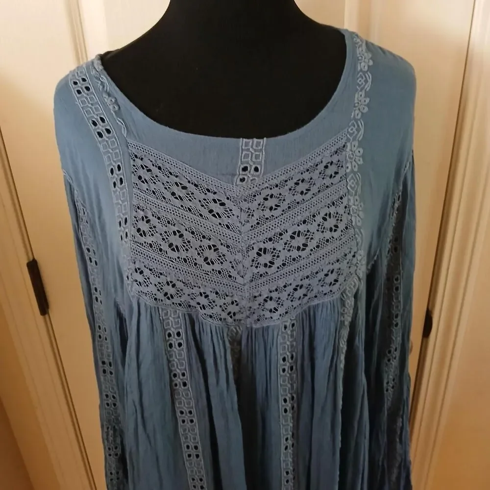Free People Kiss Kiss Blue Embroidered Lace Tunic Dress L Boho Festival Fairy